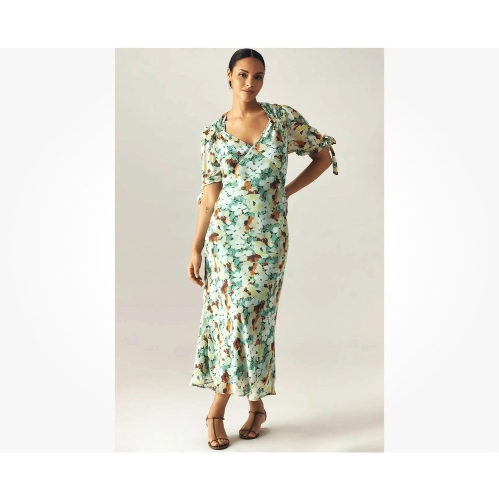 Anthropologie Midi Dress Chiffon Floral Slip Green Sage Multi S NWT Romantic